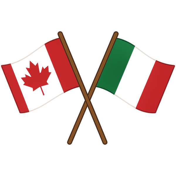Canadian and Italian flags crossing representing unity