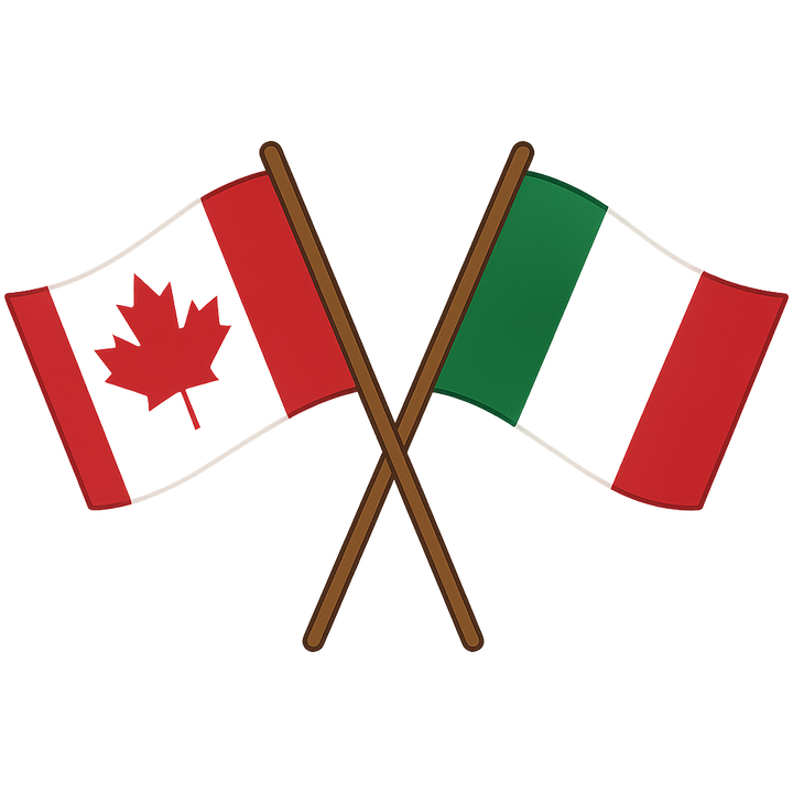 Canadian and Italian flags crossing representing unity