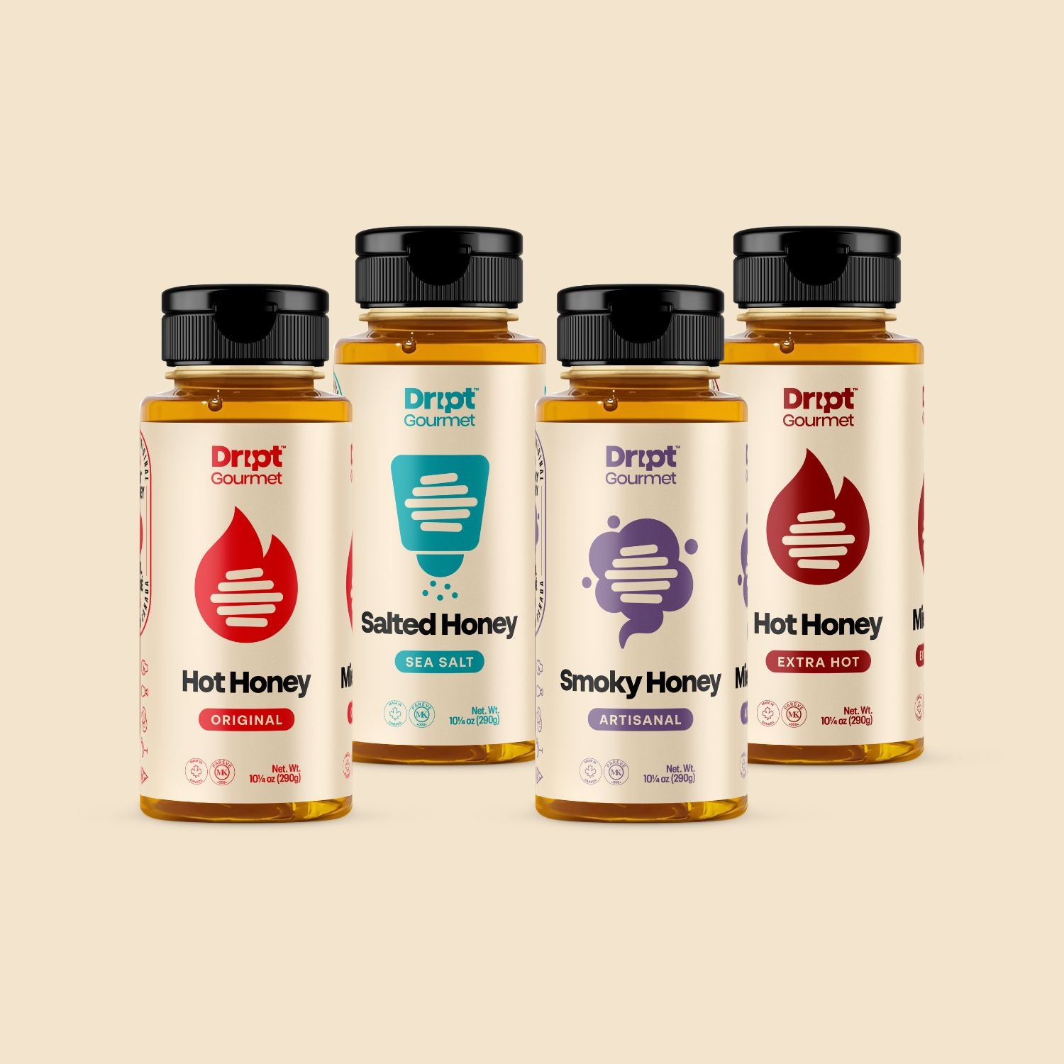 Dript Gourmet Hive Got It All bundle contents. Original hot honey, extra hot honey, salted honey and smoky honey containers to a beige background.