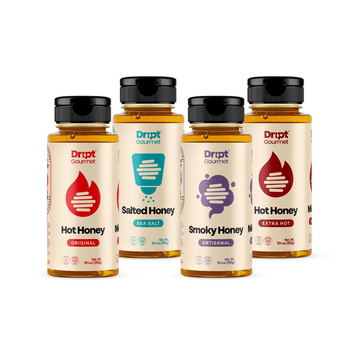 Dript Gourmet Hive Got It All bundle contents. Original hot honey, extra hot honey, salted honey and smoky honey containers on a white background.