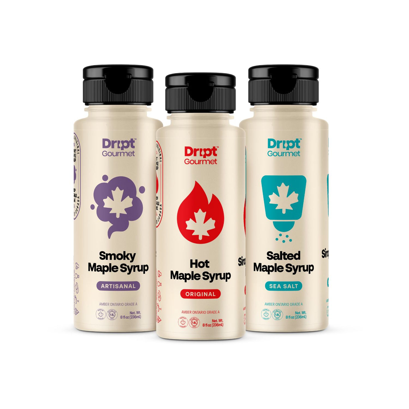 Dript Gourmet Original Maple Syrup collection on a white background, artisanal Canadian maple syrup with authentic flavour.