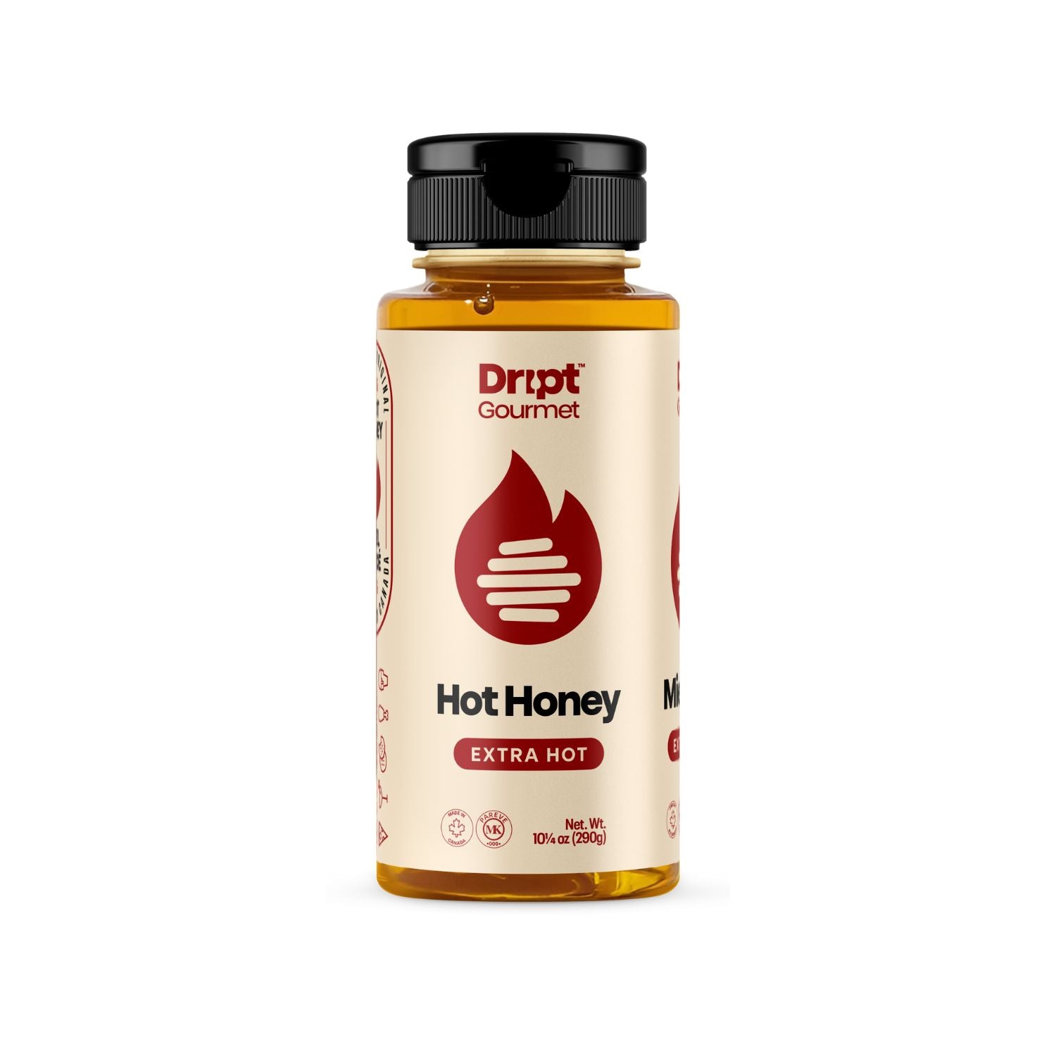 Bottle of Extra Hot, Hot Honey by Dript Gourmet on a white background – bold artisanal condiment.