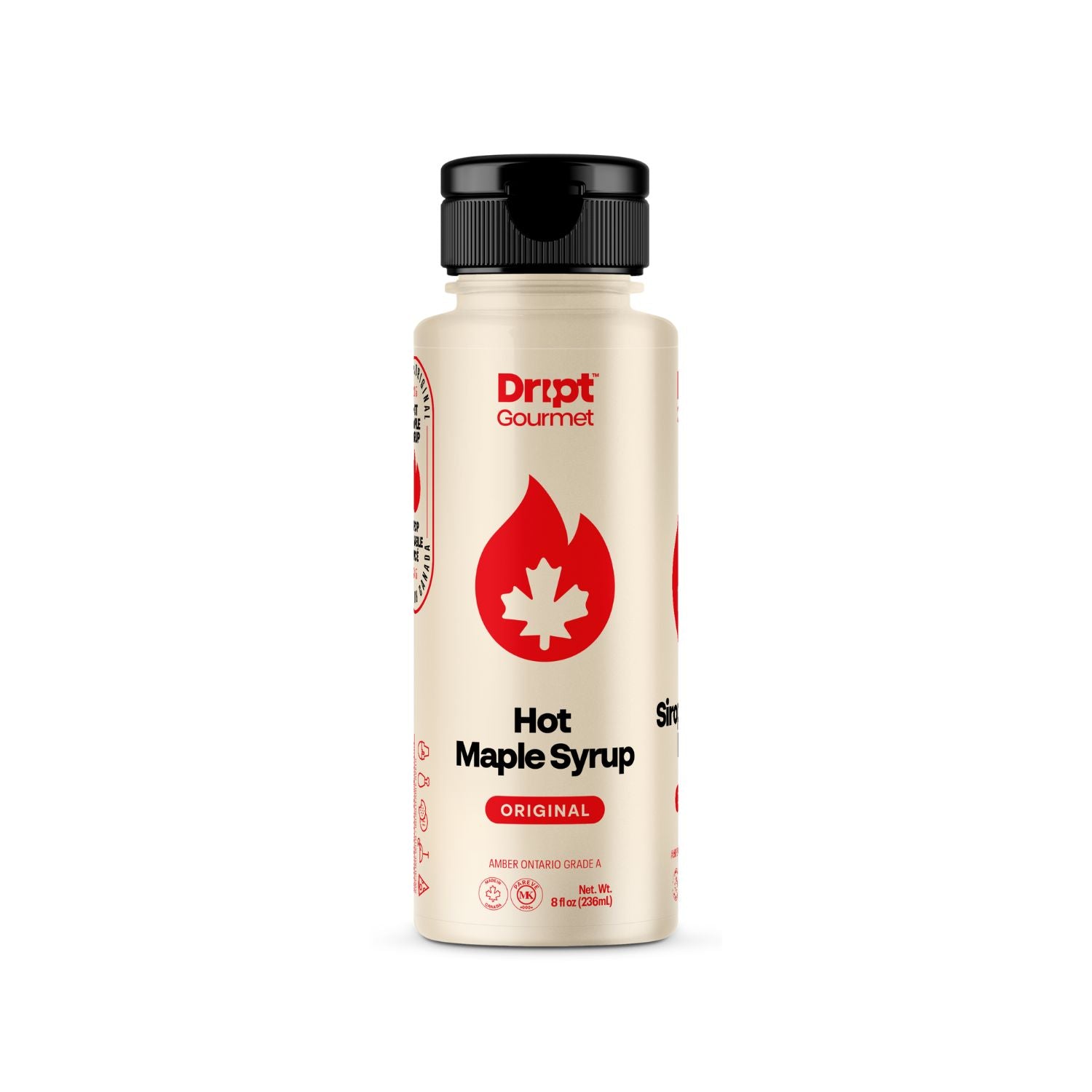 Bottle of Dript Gourmet Original Hot Maple Syrup on a white background – small-batch Canadian maple syrup infused with chilies for a bold, sweet-heat flavour.