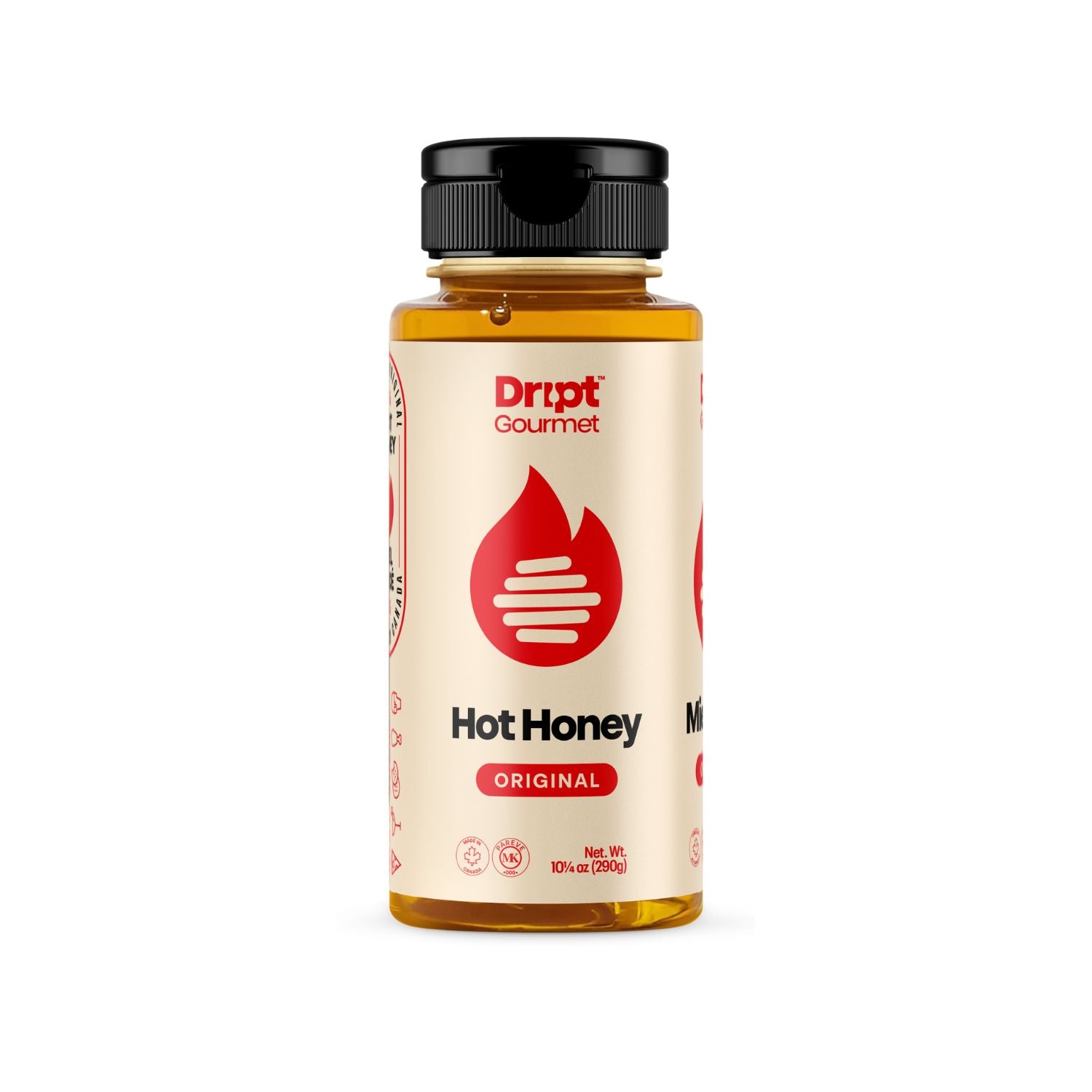 Bottle of Canada’s Original Hot Honey by Dript Gourmet on a white background – bold artisanal condiment.