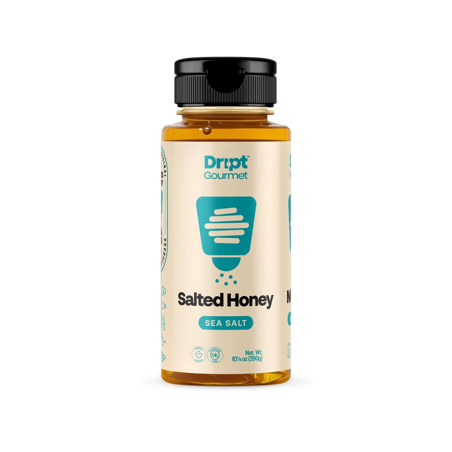 Bottle of Dript Gourmet Salted Honey on a white background – small-batch Canadian honey infused with sea salt for a sweet and savoury flavour.