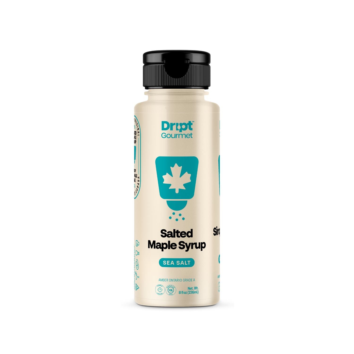Bottle of Dript Gourmet Salted Maple Syrup on a white background – small-batch Canadian maple syrup infused with sea salt for a sweet and savoury flavour.