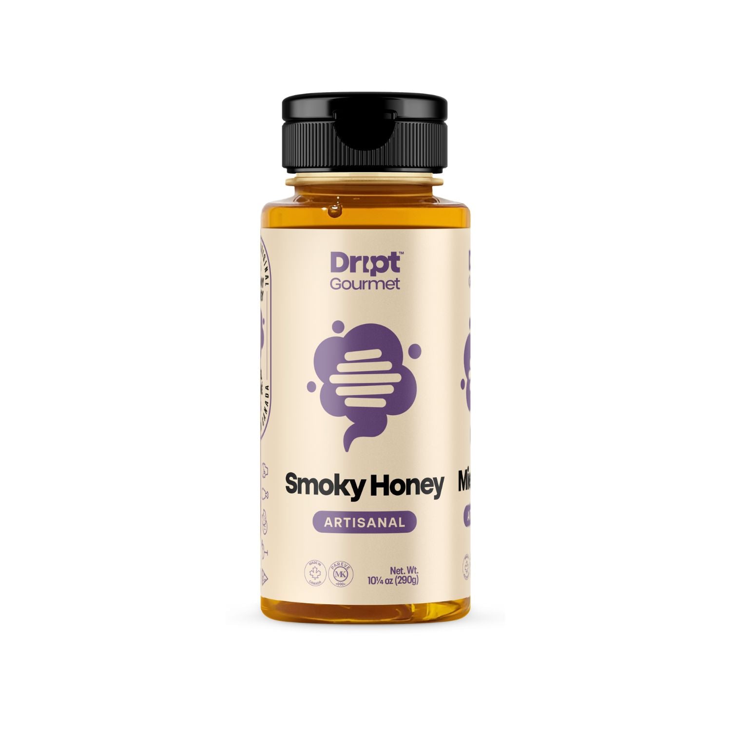 Bottle of Dript Gourmet Smoky Honey on a white background – small-batch Canadian condiment with rich smoky sweetness.