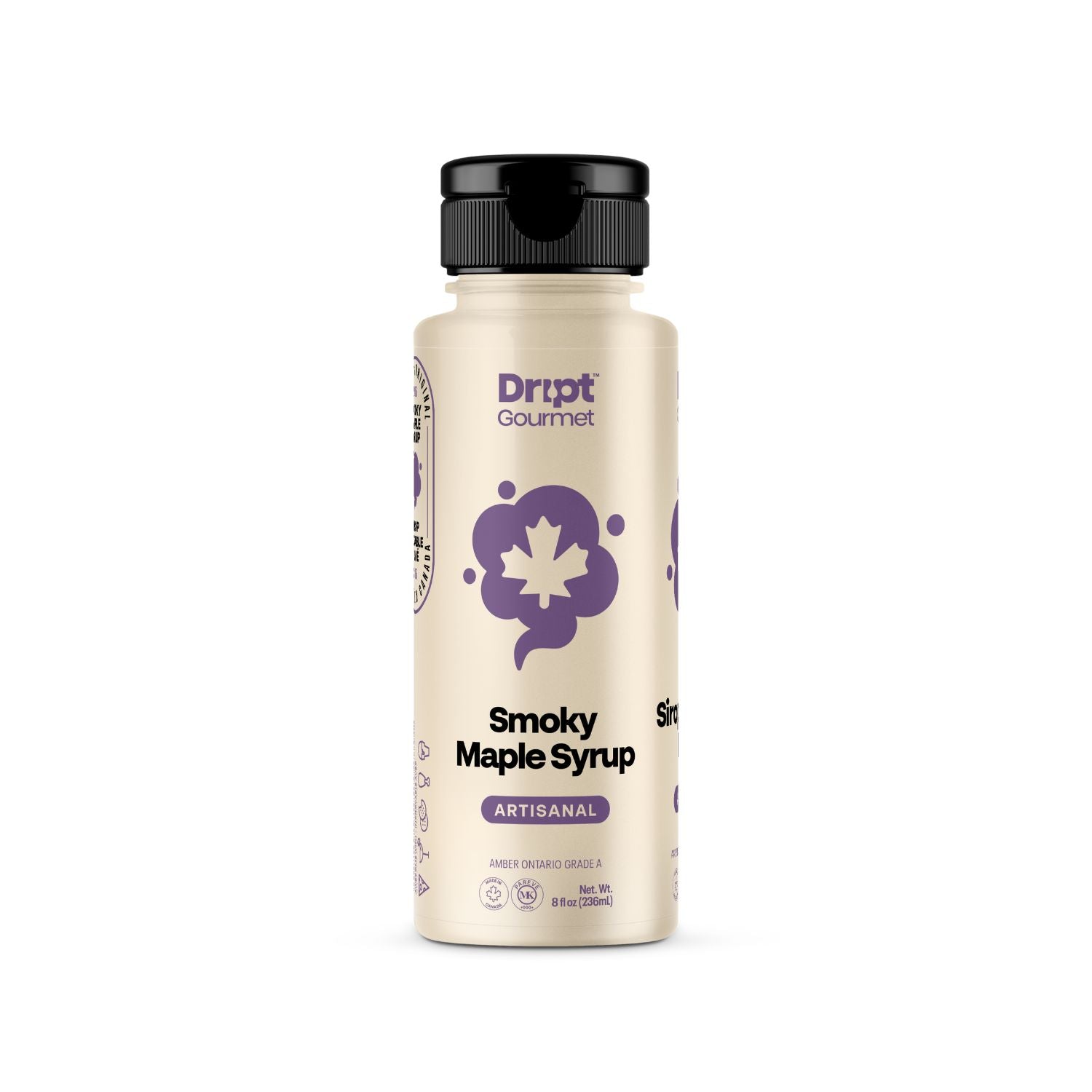 Bottle of Dript Gourmet Smoky Maple Syrup on a white background – small-batch Canadian condiment with bold smoky flavour.